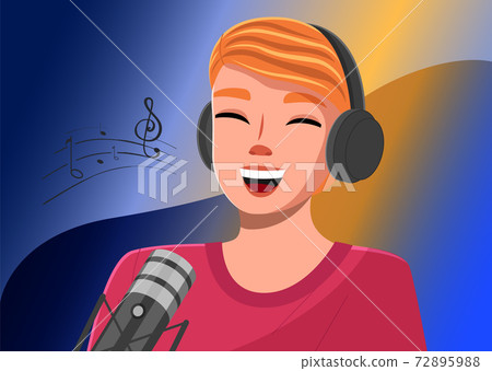 Young smiling man with headphones singing a song or talking to a microphone vector illustration