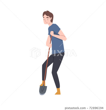 Young Man with Shovel Digging Soil Vector Illustration 72896194