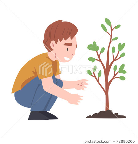 Little Boy Caring of Tree Sapling Growing in Soil Vector Illustration 72896200