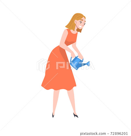 Woman Watering Tree and Plants in the Garden Vector Illustration 72896201