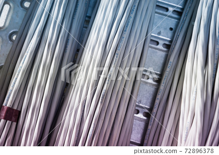 bunch of network cables in wave pattern leading across server ro 72896378