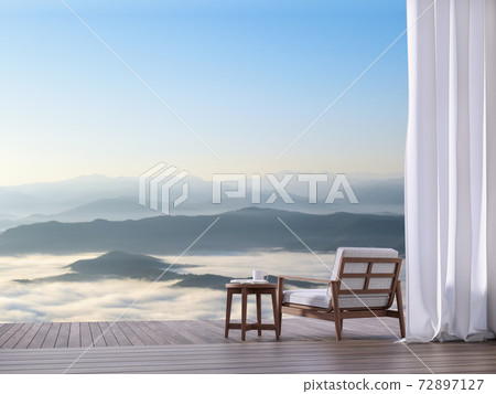 Wooden terrace with sea of fog view 3d render 72897127