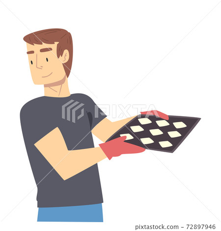 Young Man Cooking Pastries in the Kitchen, Guy Holding Tray with Buns Cartoon Style Vector Illustration Young Man Cooking Pastries in the Kitchen, Guy Holding Tray with Buns Cartoon Style Vector Illustration 72897946