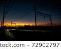 Overhead line against the backdrop of the madder-colored sunset 72902797