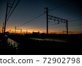 Overhead line against the backdrop of the madder-colored sunset 72902798