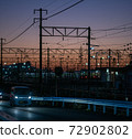 Overhead line against the backdrop of the madder-colored sunset 72902802