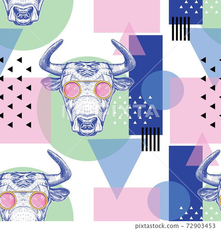 Seamless pattern with bulls and geometric shapes. Pop Art. 72903453