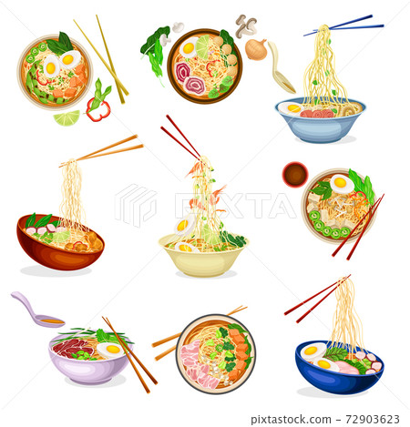 Asian Thick Soup with Noodles and Boiled Egg as Main Dish Served in Bowl Vector Set Asian Thick Soup with Noodles and Boiled Egg as Main Dish Served in Bowl Vector Set 72903623