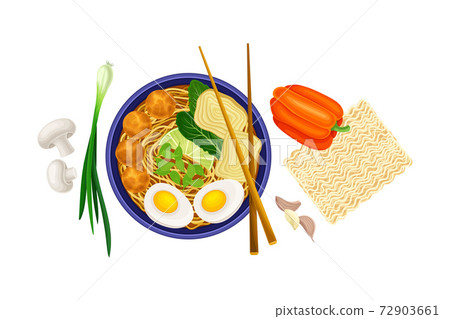 Asian Savoury Soup with Noodles and Mushrooms in Bowl with Chopsticks Above View Vector Illustration Asian Savoury Soup with Noodles and Mushrooms in Bowl with Chopsticks Above View Vector Illustration 72903661