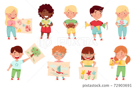 Kids Artist Showing Their Handcrafted Item and Drawing Vector Set Kids Artist Showing Their Handcrafted Item and Drawing Vector Set 72903691