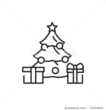 Christmas decorated tree with gifts color line icon. Glowing lights. Editable stroke. 72904045
