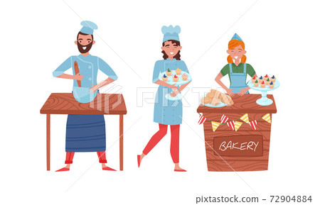 Smiling Man and Woman Baking Bread and Making Confections Vector Illustration Set 72904884
