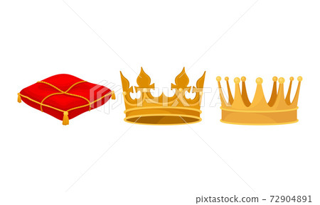 Monarchy Attributes with Golden Crown and Red Pillow Vector Set 72904891