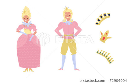 Prince and Princess Wearing Golden Crown as Fabulous Royal Family Vector Set Prince and Princess Wearing Golden Crown as Fabulous Royal Family Vector Set 72904904