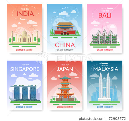 Asia travel. Exotic tour beautiful landmarks, historical city buildings. Tourist excursion postcards, discover southeast journey countries, east architecture posters. Vector card set 72908772