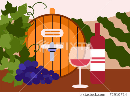 Banner or poster with wine barrel and bottle, flat cartoon vector illustration. 72910714