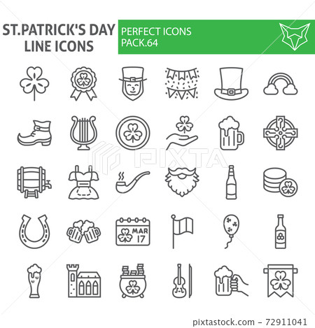 St. Patrick s Day line icon set, holiday symbols collection, vector sketches, logo illustrations, saint patrick icons, business signs linear pictograms package isolated on white background, eps 10. St. Patrick s Day line icon set, holiday symbols collection, vector sketches, logo illustrations, saint patrick icons, business signs linear pictograms package isolated on white background, eps 10. 72911041