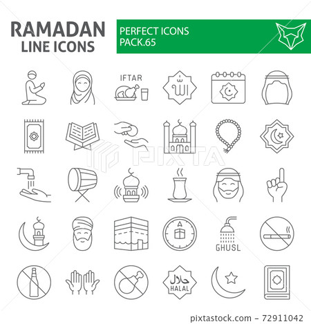 Ramadan thin line icon set, islamic holiday symbols collection, vector sketches, logo illustrations, islam icons, muslim day signs linear pictograms package isolated on white background, eps 10. Ramadan thin line icon set, islamic holiday symbols collection, vector sketches, logo illustrations, islam icons, muslim day signs linear pictograms package isolated on white background, eps 10. 72911042