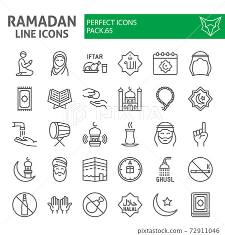 Ramadan line icon set, islamic holiday symbols collection, vector sketches, logo illustrations, islam icons, muslim day signs linear pictograms package isolated on white background, eps 10. Ramadan line icon set, islamic holiday symbols collection, vector sketches, logo illustrations, islam icons, muslim day signs linear pictograms package isolated on white background, eps 10. 72911046