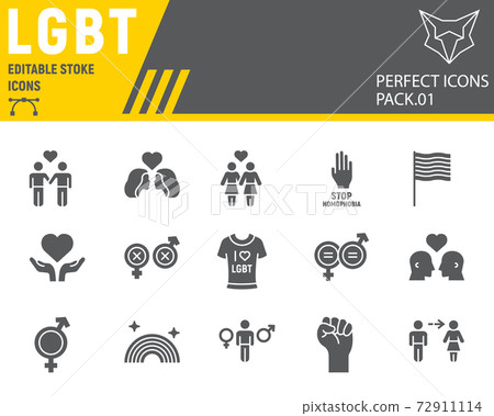 LGBT glyph icon set, lgbtq symbols collection, vector sketches, logo illustrations, gay pride icons, gender signs solid pictograms, editable stroke. LGBT glyph icon set, lgbtq symbols collection, vector sketches, logo illustrations, gay pride icons, gender signs solid pictograms, editable stroke. 72911114