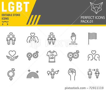 LGBT line icon set, lgbtq symbols collection, vector sketches, logo illustrations, gay pride icons, gender signs linear pictograms, editable stroke. 72911119