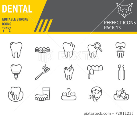 Dental line icon set, dentistry collection, vector sketches, logo illustrations, orthodontics icons, stomatology clinic signs linear pictograms, editable stroke. Dental line icon set, dentistry collection, vector sketches, logo illustrations, orthodontics icons, stomatology clinic signs linear pictograms, editable stroke. 72911235