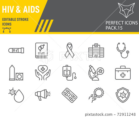 HIV and AIDS line icon set, healthcare collection, vector sketches, logo illustrations, HIV icons, medicine signs linear pictograms, editable stroke. 72911248