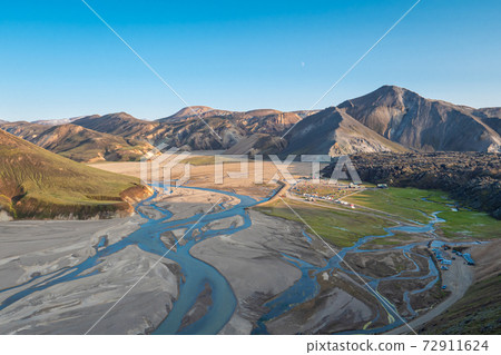 Aerial view of Landmannalaugar camp site, Iceland 72911624