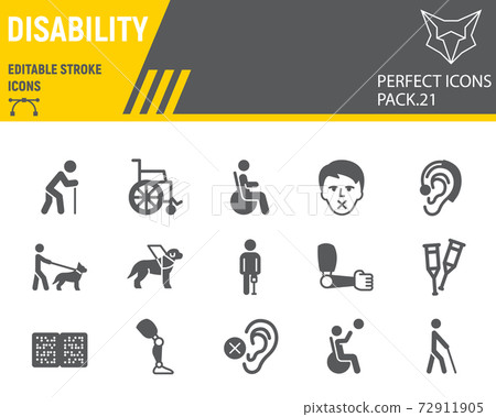 Disability glyph icon set, disabled people collection, vector sketches, logo illustrations, disability icons, disabled signs solid pictograms, editable stroke. 72911905
