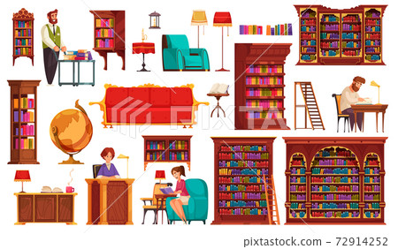 Old Library Interior Set Stock Illustration