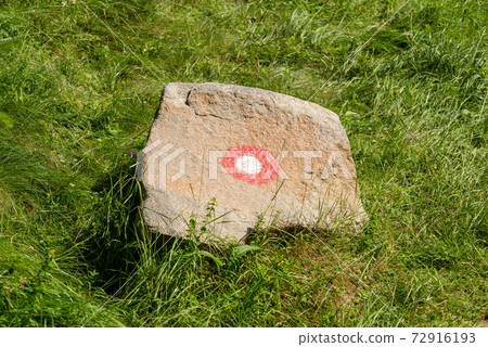 Stone and a hiking trail mark Stone and a hiking trail mark 72916193