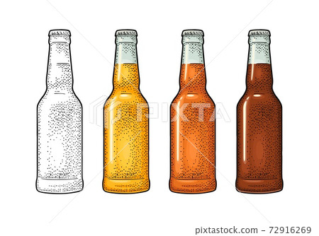 Close bottle with three types beer. Vintage color vector engraving illustration. 72916269