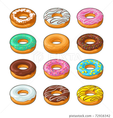 Set donut with different icing, glaze, stripes, sprinkles. 72916342