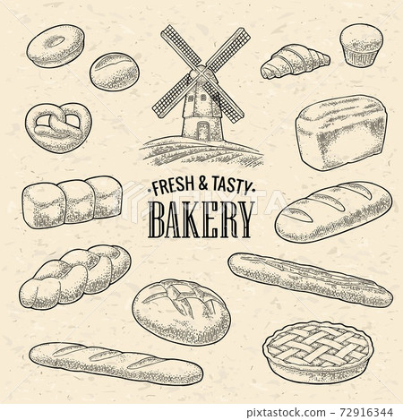 Set bread. Mill on wheat field. Vector black vintage engraving Set bread. Mill on wheat field. Vector black vintage engraving 72916344