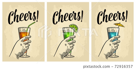 Female hand holding a glasses of cocktails. Vintage vector engraving Female hand holding a glasses of cocktails. Vintage vector engraving 72916357