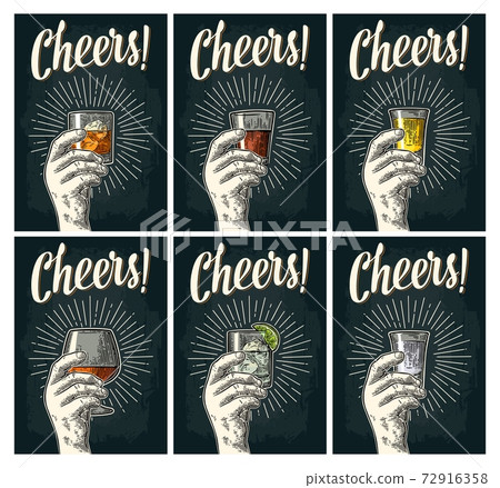 Cheers lettering. Hand hold glass brandy, tequila, gin, rum, whiskey Cheers lettering. Hand hold glass brandy, tequila, gin, rum, whiskey 72916358