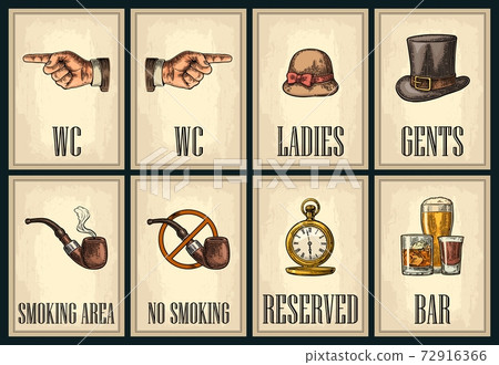 Set signboard. Pointing finger. Toilet grunge poster for ladies, cents. 72916366