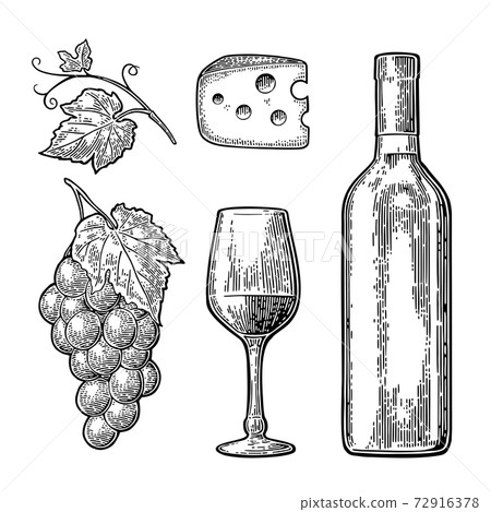 Wine set. Bottle, glass, cheese, bunch of grapes 72916378