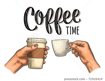 Hands holding a disposable and ceramic cup. Vintage color vector engraving Hands holding a disposable and ceramic cup. Vintage color vector engraving 72916424