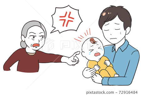 An elderly woman who makes a complaint about a crying baby and her father 72916484