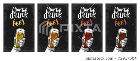 Male hand holding a glass with four types beer - light, white, red and dark. 72917304