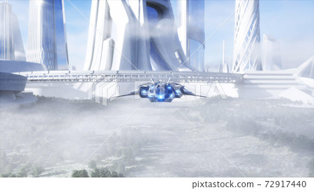 futuristic ship and city. Future concept. Aerial view. 3d rendering. 72917440