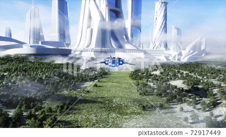 futuristic ship and city. Future concept. Aerial view. 3d rendering. futuristic ship and city. Future concept. Aerial view. 3d rendering. 72917449