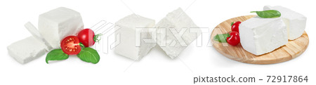 Feta cheese isolated on white background. With full depth of field. Set or collection 72917864
