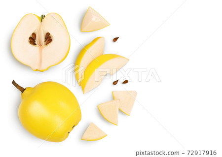 Fresh quince with half and slices isolated on the white background with clipping path and full depth of field. Top view. Flat lay 72917916