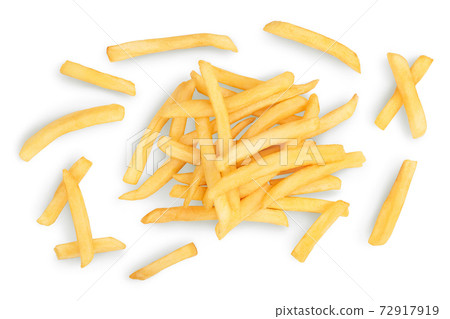 French fries or fried potatoes isolated on white background with clipping path and full depth of field. Top view. Flat lay French fries or fried potatoes isolated on white background with clipping path and full depth of field. Top view. Flat lay 72917919