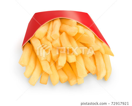 French fries or fried potatoes in a red carton box isolated on white background with clipping path and full depth of field French fries or fried potatoes in a red carton box isolated on white background with clipping path and full depth of field 72917921