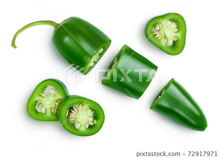 jalapeno peppers isolated on white background. Green chili pepper with clipping path. Top view. Flat lay 72917971