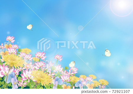 春天的花朵和蝴蝶的水彩插圖 72921107