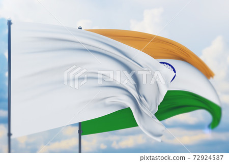 White flag on flagpole waving in the wind and flag of India. Closeup view, 3D illustration. 72924587